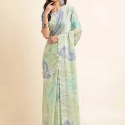 Mitera Green Printed Beads And Stones Pure Chiffon Saree-21