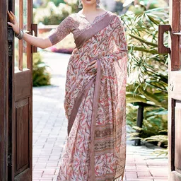 KALINI Floral Zari Linen Blend Sungudi Saree-4