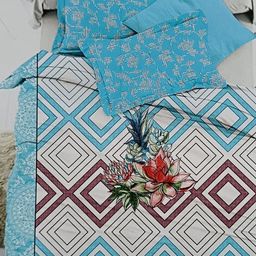Signature 4 Pcs Blue & White Geometric Cotton Double Queen Bedding Set-24