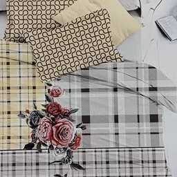 Signature Black & Silver Toned 4 Pieces Checked Cotton Double Queen Bedding Set-image-57