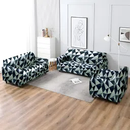 Aura White & Green 3 Pieces Geometric Printed Strechable Sofa Covers-image-73