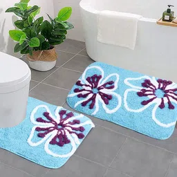 Saral Home Set Of 2 Turquoise Blue & White Printed Bathmat & Contour Set-0