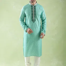 Arihant Rai Sinha Men Ethnic Motifs Printed Regular Thread Work Linen Kurta with Churidar-12
