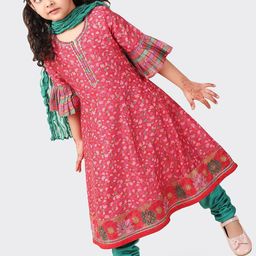 Fabindia Girls Floral Printed Mirror Work Kurta with Churidar & Dupatta-picture-32