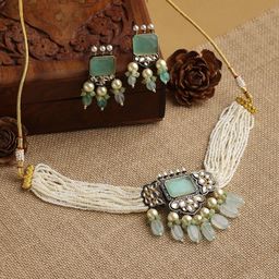 justpeachy Blue & White Beaded & Stone Studded Choker Set-46