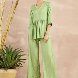 First Resort by Ramola Bachchan Self Design Organic Cotton V-Neck Peplum Top With Trouser-image-43