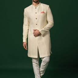 KISAH Ethnic Motifs Woven Design Mandarin Collar Sherwani With Churidar-image-28