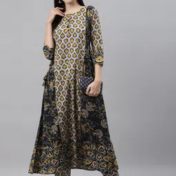 Indibelle Women Beige Floral Printed Panelled Pure Cotton Kurta with Trousers-picture-54