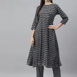 Indibelle Women Black Ethnic Motifs Printed Empire Pure Cotton Kurta with Trousers-image-74