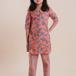 Sangria Girls Coral & Blue Floral Printed Pure Cotton Straight Kurta With Trouser-image-79