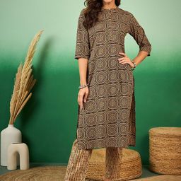 Sangria Ethnic Motifs Printed Mandarin Collar Straight Kurta With Trouser-58