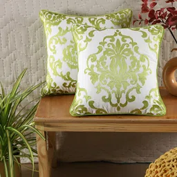 TARAN LIVING Lime Green & White 2 Pcs Embroidered Square Cotton Cushion Covers-image-85