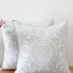 TARAN LIVING White & Grey 2 Pieces Ethnic Motifs Printed Linen Square Cushion Covers-25