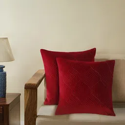 Aura Maroon & Gold-Toned Set of 2 Ethnic Motifs Velvet Square Cushion Covers-11