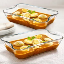 BOROSIL Transparent 2 Pieces Borosilicate Glass Microwave Safe Rectangle Baking Dish 1.5 L-20