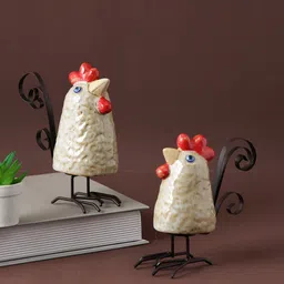 TAYHAA Beige & Red 2 Pieces Textured Ceramic Hen Rooster Pair Showpieces-image-4