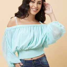 Globus Green Off-Shoulder Puff Sleeves Smocking Detail Blouson Top-image-22