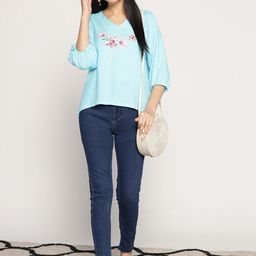LetsDressUp Floral Printed V-Neck Puff Sleeves High-Low Top-image-89
