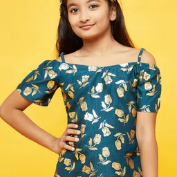 Aks Kids Girls Floral Printed Cold-Shoulder Bardot Top-image-12