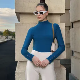 AND Teal Solid Turtle Neck Regular Top-picture-11