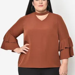 wild U Brown Crepe Plus Size Neck Band Top-image-18