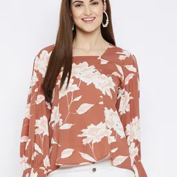 Ruhaans Women Rust & Cream Floral Crepe Regular Top-image-2