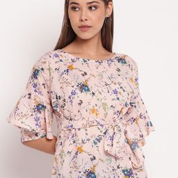 AKIMIA Peach-Coloured Floral Printed Bell Sleeves Crepe Cinched Waist Top-picture-5