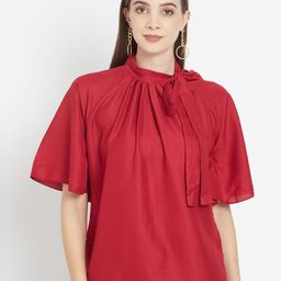 Purple State Red Solid Tie-Up Neck Crepe Regular Top-image-95
