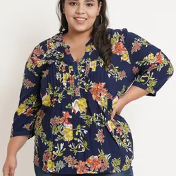 IX IMPRESSION Women Plus Size Navy Blue & Yellow Floral Printed Mandarin Collar Top-28