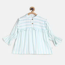 TALES & STORIES Girls Turquoise Blue & White Striped Mandarin Collar Ruffles Top-21
