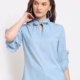 La Zoire Blue Tie-Up Neck Georgette Regular Top-image-22