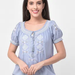 250 DESIGNS Women Blue Embroidered Tie-Up Neck Blouson Top-picture-10