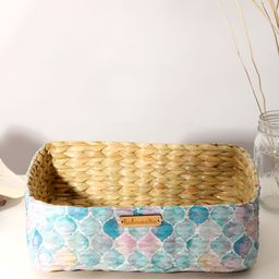 HABERE INDIA Bohemian Blue & White Printed Regular Tote Basket Organiser-34