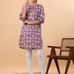 Janasya Women's Purple Cotton Floral Regular Tunic-picture-47