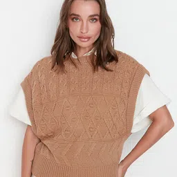 Trendyol Women Camel Brown Cable Knit Ribbed Acrylic Sweater Vest-image-21