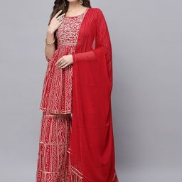 Stylum Women Red Floral Embroidered Pleated Kurti with Palazzos & With Dupatta-image-18