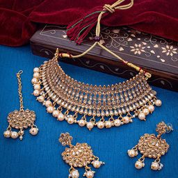 Sukkhi Gold-Plated Stone-Studded and Beaded Necklace and Earrings with Maang Tika-2