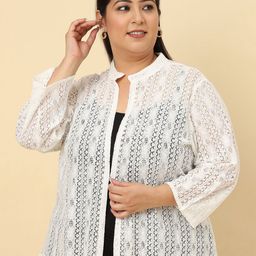 UnaOne Plus Size Self Design Open Front Cotton Shrug-9