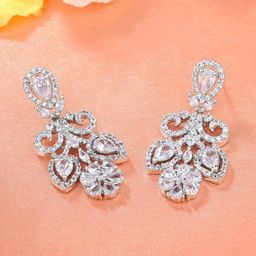 Estele Rhodium-Plated Cubic Zirconia Studded Drop Earrings-18