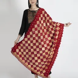 Moda Chales Women Red & Beige Embroidered Dupatta with Phulkari-21