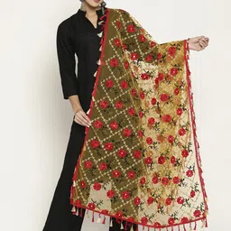 Sugathari Women Yellow & Red Embroidered Thread Work Dupatta-19