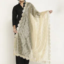 Sugathari Women Beige & White Ethnic Motifs Embroidered Organza Dupatta-picture-0