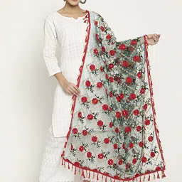 Sugathari Women Red & Green Embroidered Beads and Stones Dupatta-45