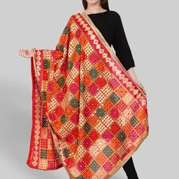 SWI Stylish Women Red & Green Embroidered Phukari Dupatta with Mirror Work-50