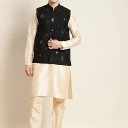 SOJANYA Men Cream-Coloured Mirror Work Kurta with Churidar & Nehru Jacket-picture-8