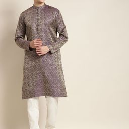 SOJANYA Men Purple  Jacquard Silk Kurta with Churidar-image-0