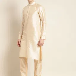 SOJANYA Men Cream-Coloured Mirror Work Kurta with Churidar & Nehru Jacket image 4