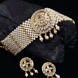 PANASH Gold-Plated White Stone-Studded & Pearl-Beaded Handcrafted Jewellery Set-image-50