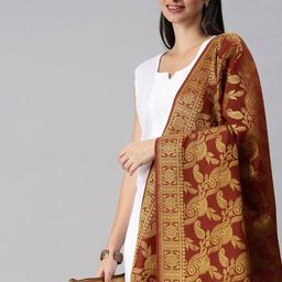 swatika Maroon & Gold-Toned Ethnic Motifs Woven Design Banarasi Handloom Dupatta with Zari-11