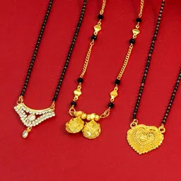 Ramdev Art Fashion Jwellery Set of 3 Gold-Plated Stone-Studded & BeadedMangalsutras-image-9
